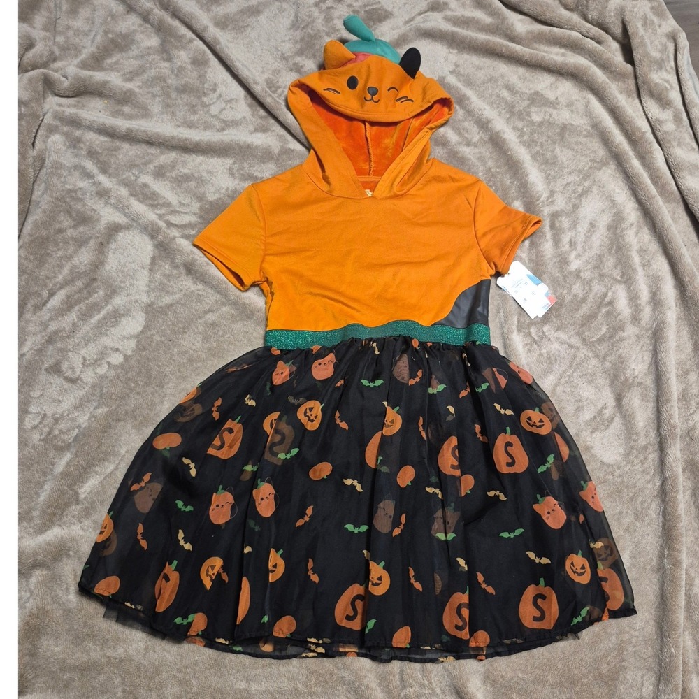 Squishmallows Halloween Dress Girls Large Orange Black Pumpkin Cat Hood